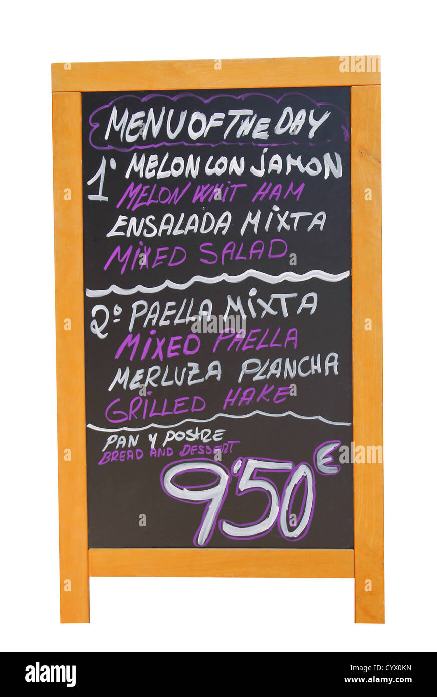 Spanish restaurant menu board, Majorca Spain. Isolated on white. Stock Photo