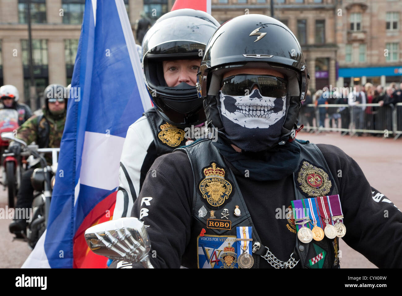 11 November 2012, Remembrance Day parade, George Square, Glasgow, Scotland. Members of the Royal British Legion Motorcycle Club, Scotland Branch taking part in the parade on their motorcycles. Stock Photo