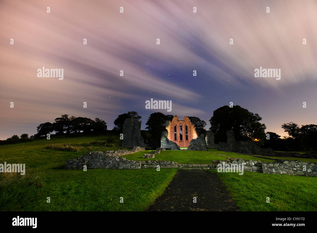 Night shot of Inch Abbey in County Down,  Northern. Ireland Stock Photo