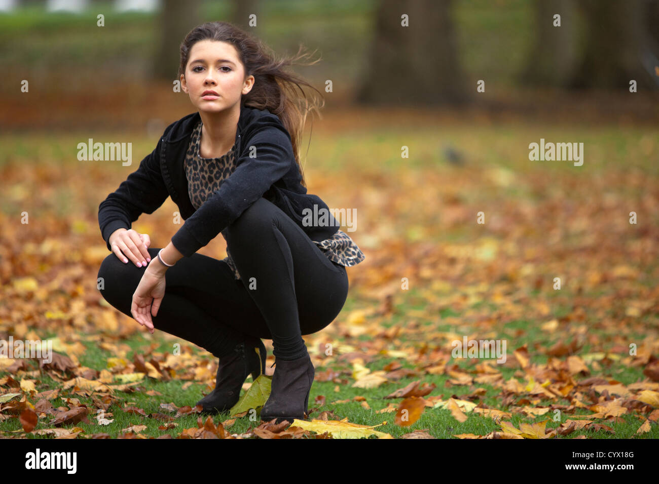 Portrait of a beautiful woman crouching on a field covered with fallen leaves, Green park, London, England, UK. Stock Photo