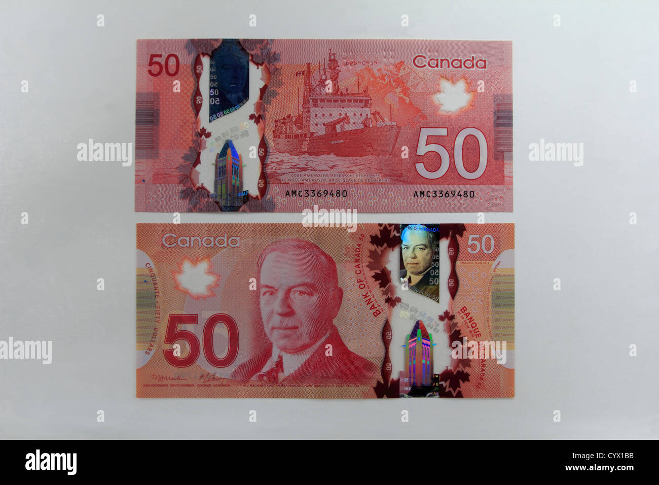 Canada's Canadian polymer plastic 50 dollar bill cash money currency showing both sides Stock Photo