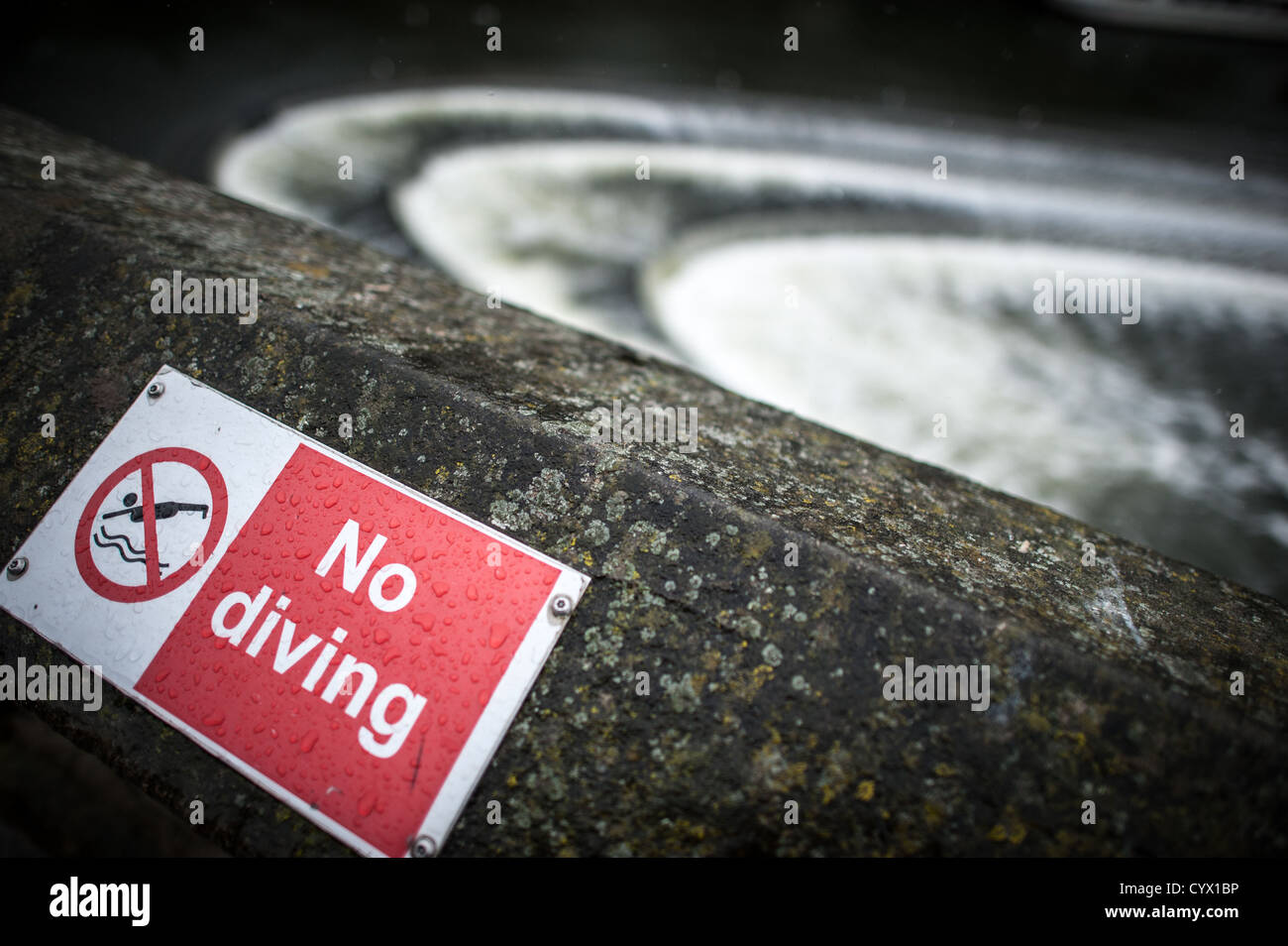 BATH, United Kingdom — A no diving sign is affixed to a wall along the River Avon in the center of Bath, Somerset. In the background, whitewater from man-made river control measures is visible, highlighting the river's swift current and the importance of safety precautions in this historic city. Stock Photo