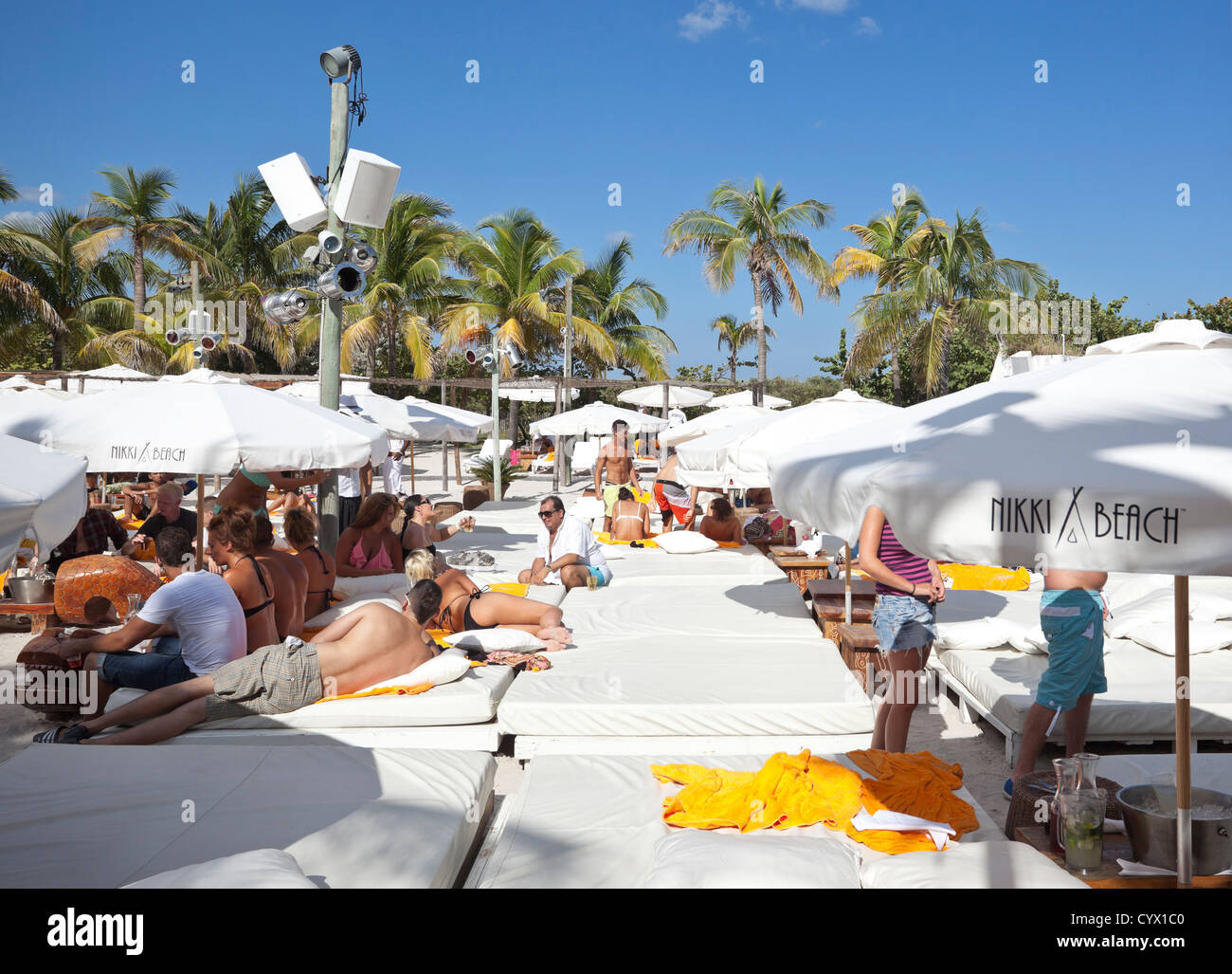 Nikki Beach outdoor lounging area, South Beach, Miami, Florida, USA. Stock Photo