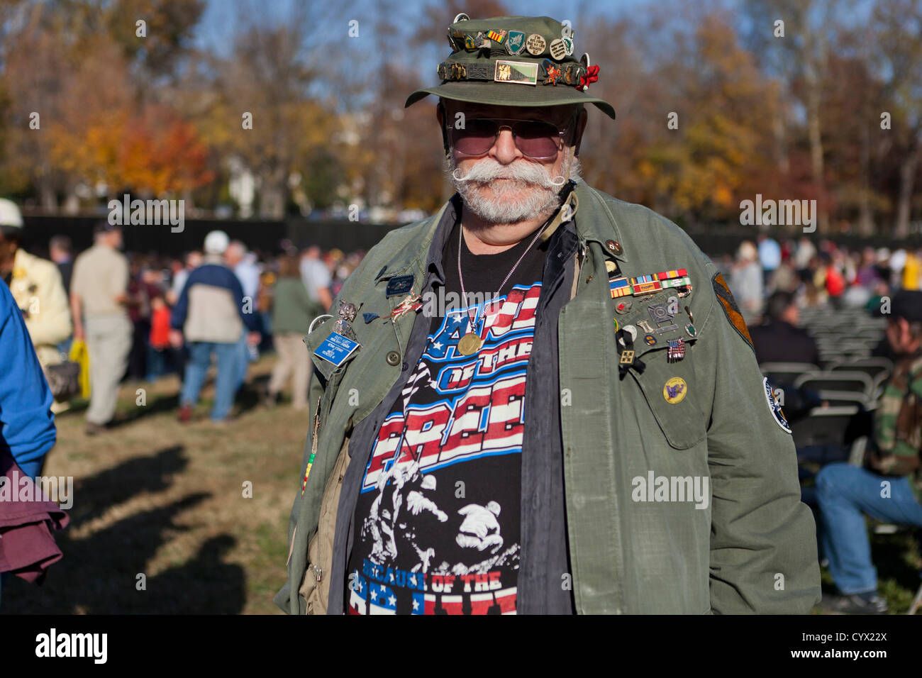 November 11, 2012: A Vietnam veteran sporting multiple badges and other memorabilia stands in front of the Vietnam War Memorial, during the Veterans Day celebrations - Washington, DC USA Stock Photo