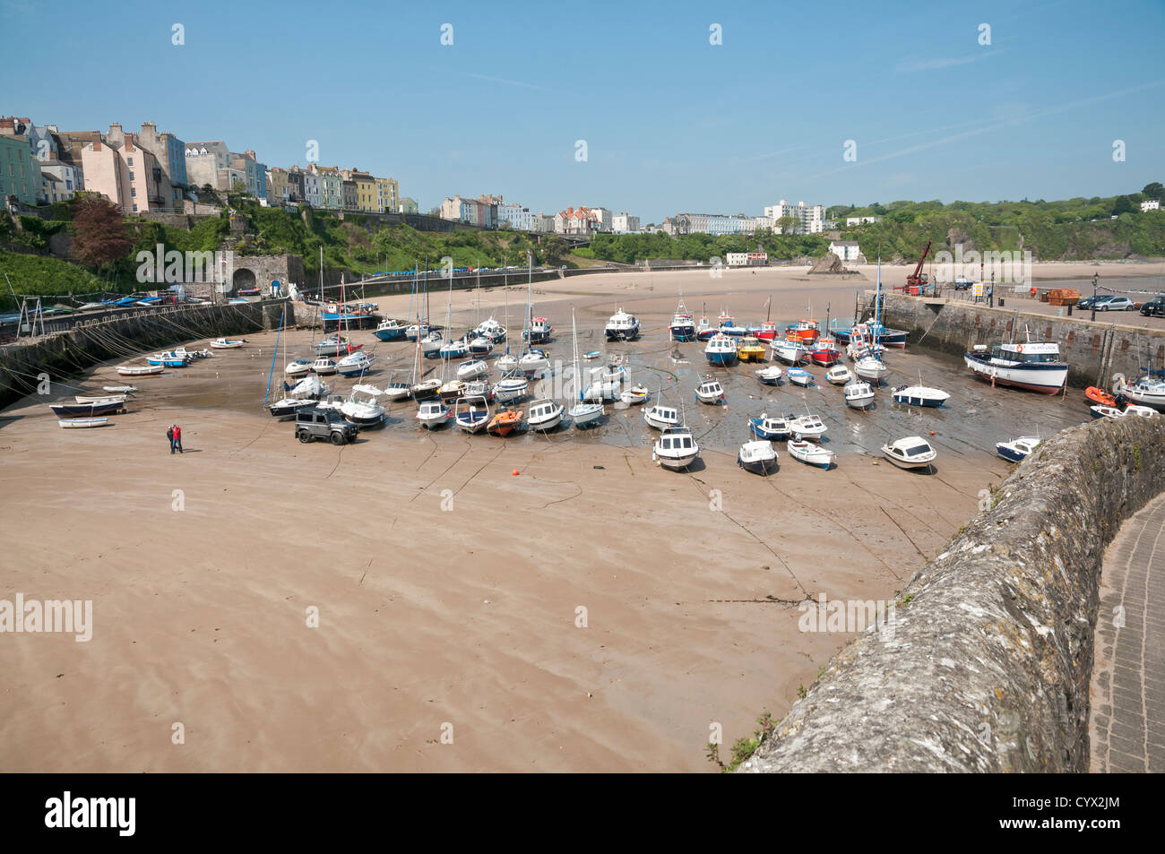 Wales, Pembrokeshire,Tenby, harbour, boats, low tide Stock Photo