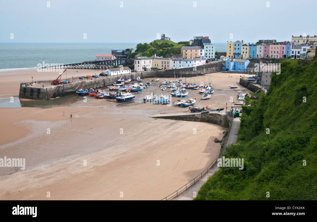 Wales, Pembrokeshire,Tenby, harbour, boats, low tide Stock Photo