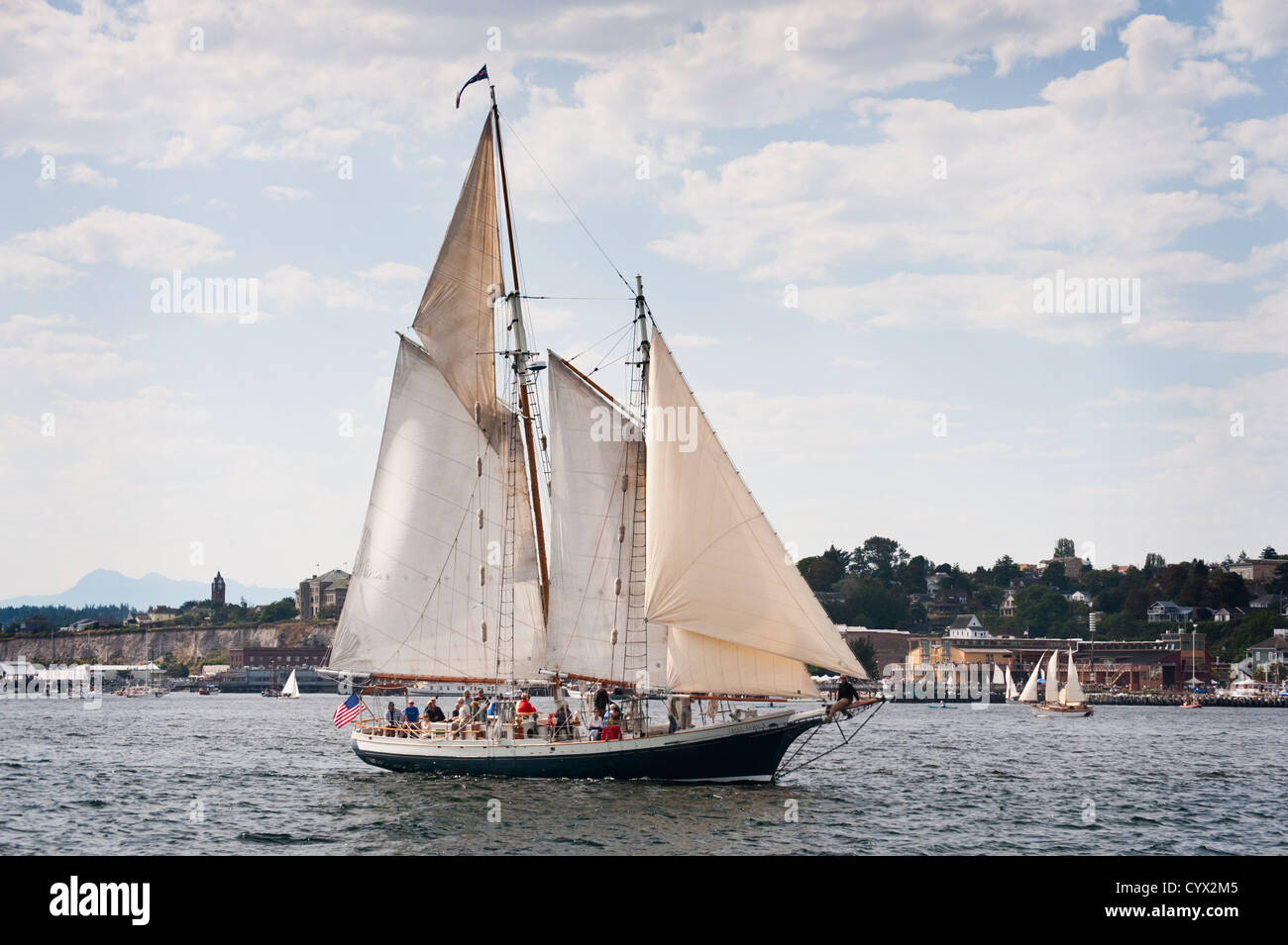During the Port Townsend Wooden Boat Festival a schooner race was held with many historic wooden tall ships and sailboats. Stock Photo