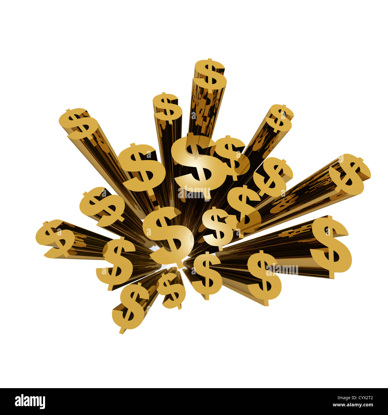 3d render illustration golden dollar symbols viewed from top with very ...