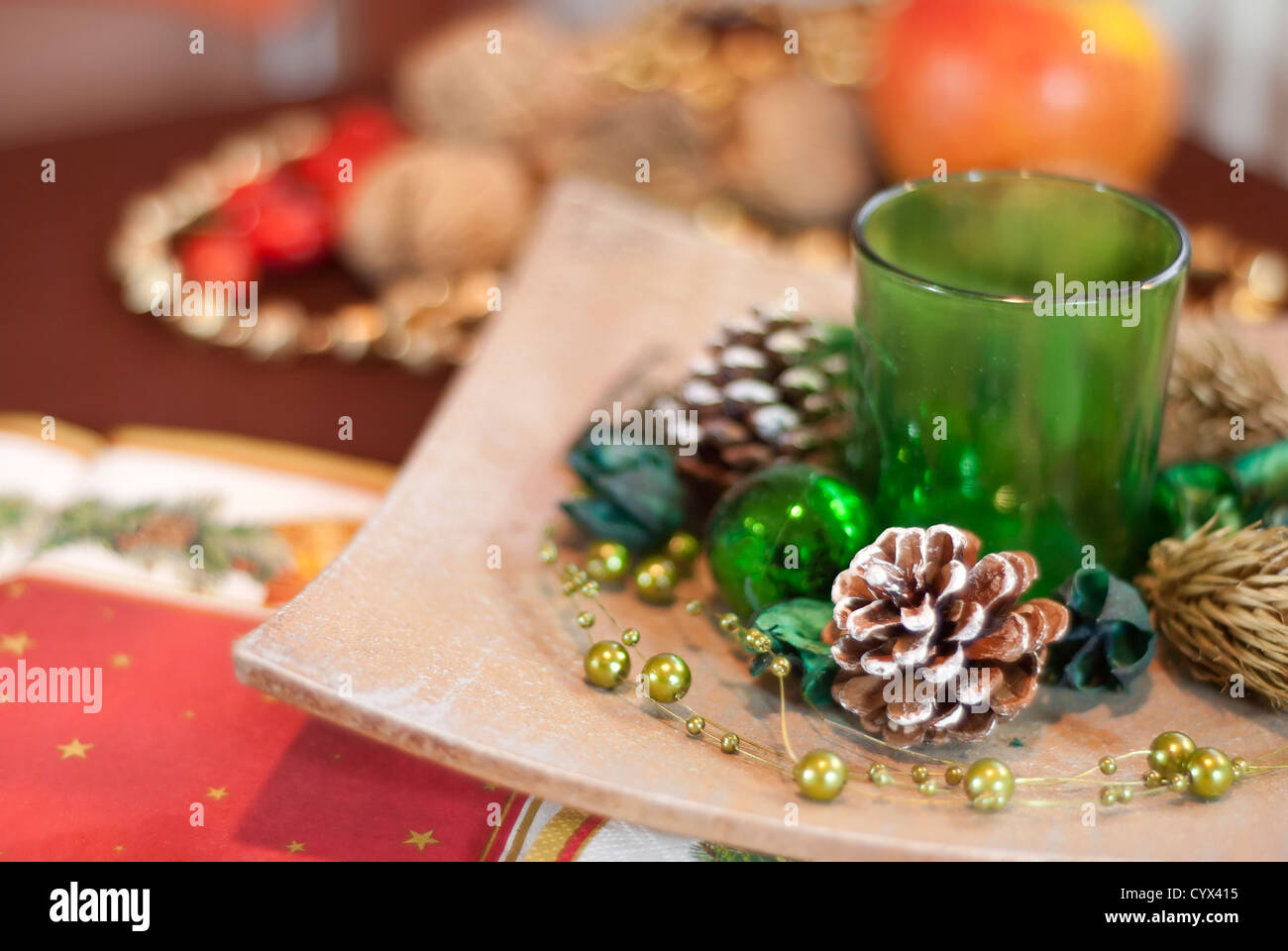Christmas background with decorations on the table Stock Photo Alamy