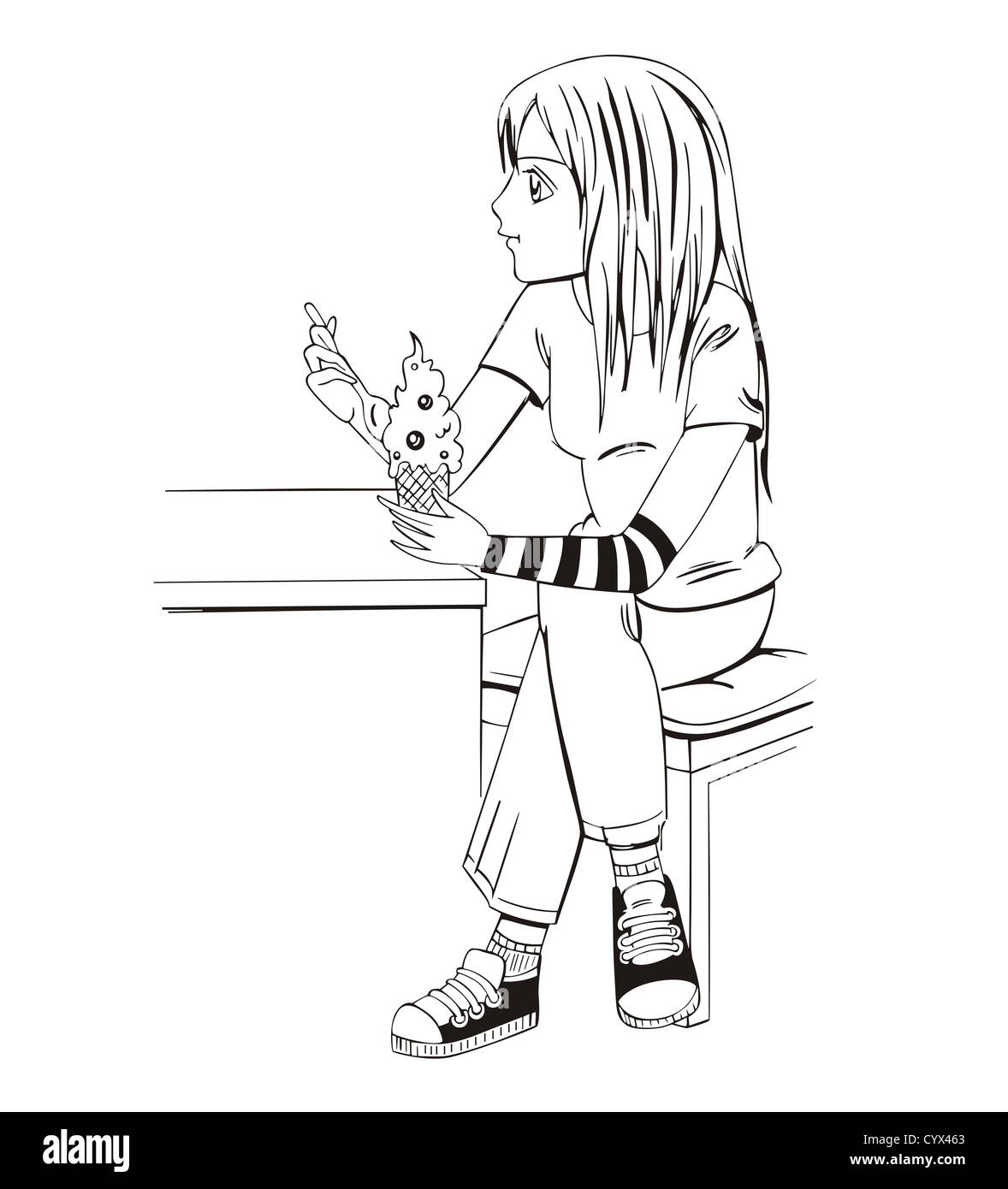 Anime Girl Eating Ice Cream Black And White Vector Illustration Stock Photo Alamy