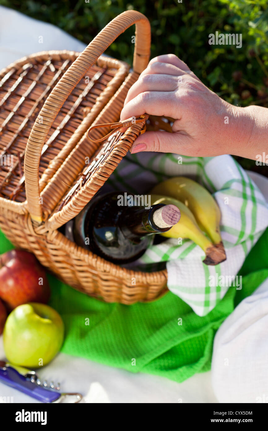 Enjoyng lunch with red wine and fruits, picnic outdoors Stock Photo