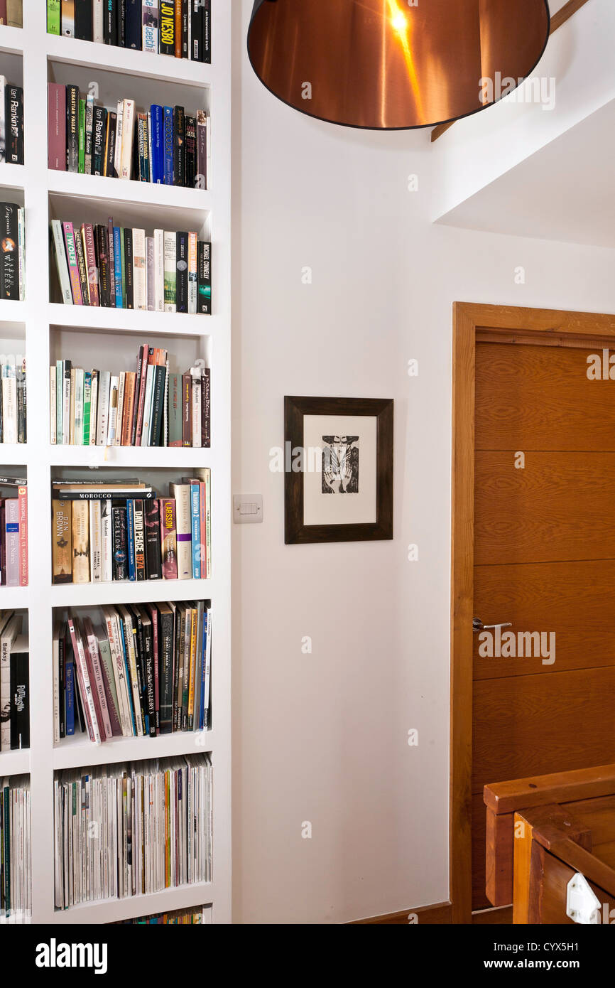 Landing and bookcase in modern home. Stock Photo