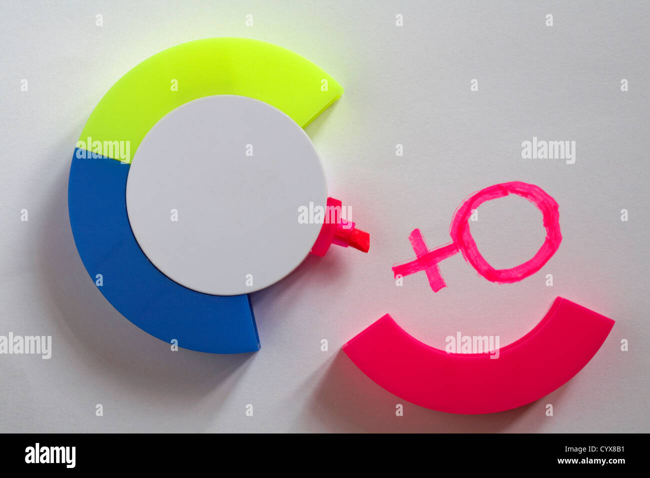 Multi coloured highlighter with pink used to draw female symbol on white Stock Photo
