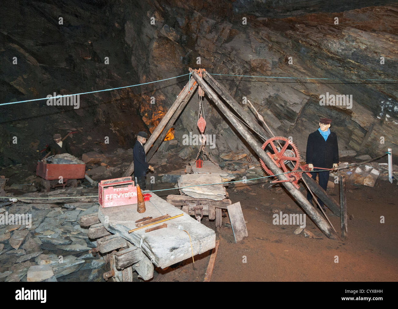 Wales, Snowdonia, Blaenau Ffestiniog, Llechwedd Slate Caverns, historical exhibit Stock Photo