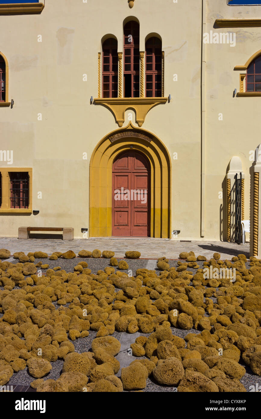 Sea sponges on display on the harbour front, Pothia, Kalymnos, Greece