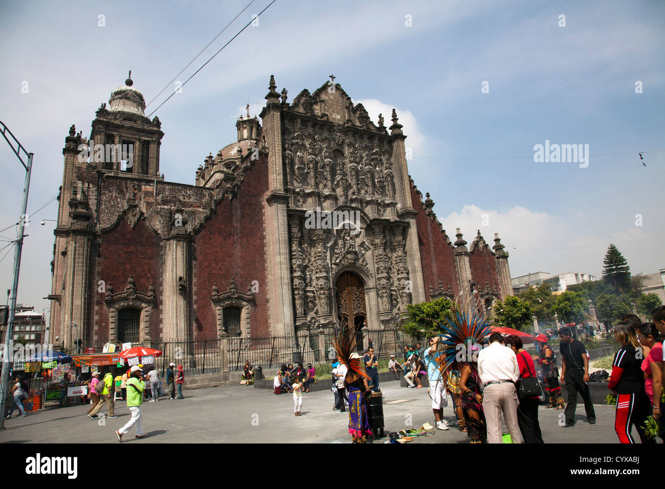Tribal Indian Healers on the Zocalo in front of Metropolitan Cathedral and Tabernacle in Mexico City DF Stock Photo