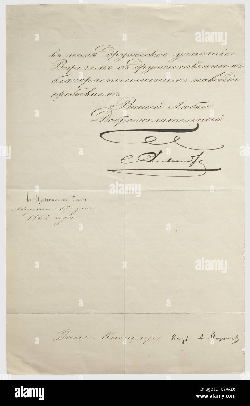Tsar Alexander II(1818 - 1881),a letter with an handwritten signature 1863 Zarskoe Selo,dated 17 August 1863.A letter in the Russian language to Prince Günther Friedrich Karl II von Schwarzburg-Sondershausen.Two(35 x 20.6 cm)pages written in ink.Alexander II informs the Prince of the birth of his nephew,Grand Duke Georgy Mikhailovich Romanov on 11 August.Countersigned by Vice-Chancellor Prince Alexander Gortshakov.Grand Duke Georgy Mikhailovich Romanov was murdered in the Peter and Paul Fortress in St.Petersburg January 1919.Very rare,historic,hi,Additional-Rights-Clearences-Not Available Stock Photo
