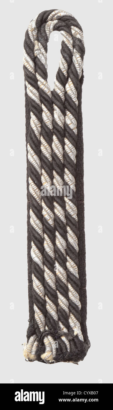Shoulder strap for the black uniform, for enlisted men up to Hauptscharführer, black-aluminium twist cord on a black wool backing, mark 'RZM 38/36 SS', sew-in type, used, historic, historical, 1930s, 20th century, SS, Schutzstaffel, NS, National Socialism, Nazism, Third Reich, German Reich, branch of service, branches of service, organisation, organization, organizations, organisations, object, objects, clipping, cut out, cut-out, cut-outs, insignia, symbol, symbols, equipment, uniform, uniforms, detail, details, Additional-Rights-Clearences-Not Available Stock Photo