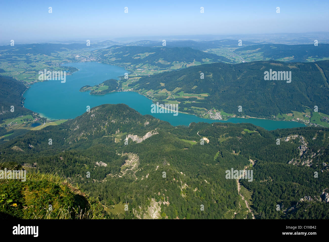 The Mondsee in Austria seen from the 1784 meters high mountain Schafberg Stock Photo