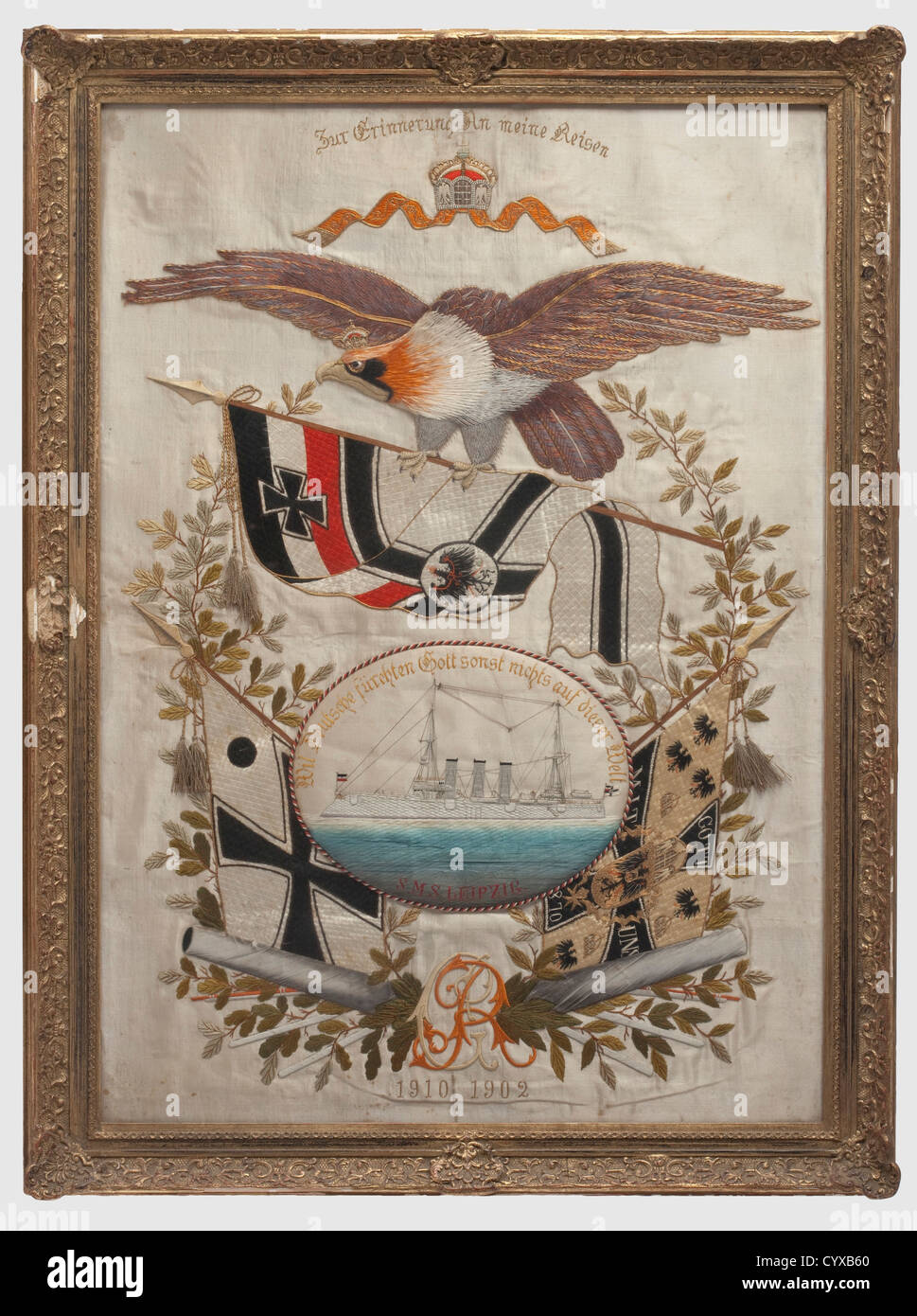 SMS Leipzig - three silk embroidered pictures,in commemoration of the time of service in East Asia 1902 - 1910 Elaborately embroidered crowned eagle with the Imperial war flag in its talons above a picture of the light cruiser Leipzig in an oval,surrounded by the inscription,(tr.)'We Germans fear God,but otherwise nothing else on earth' flanked by the imperial standard and rear admiralïs pennant ,above the monogram 'RG'(Richard Grimmel),and inscribed 'In memory of my time of service 1910 1912' In a contemporary,richly decorated,gilt plaster frame(dama,Additional-Rights-Clearences-Not Available Stock Photo