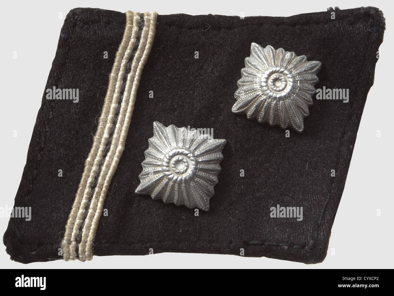 Collar patch for 'SS-Hauptscharführer', of black wool on a glued linen inlay, historic, historical, 1930s, 1930s, 20th century, secret service, security service, secret services, security services, police, armed service, armed services, NS, National Socialism, Nazism, Third Reich, German Reich, Germany, utensil, piece of equipment, utensils, object, objects, stills, clipping, clippings, cut out, cut-out, cut-outs, fascism, fascistic, National Socialist, Nazi, Nazi period, uniform, uniforms, detail, details, Additional-Rights-Clearences-Not Available Stock Photo
