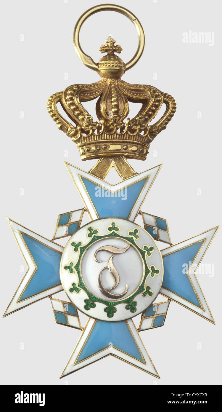 Order of Theresa in gold Kingdom of Bavaria, 1827 - 1923, Order Cross, gold and enamel (minimal chips). Semi-hollow, golden crown, suspension ring and hinge agraffe, two french manufacturer's mark. (OEK 445). Beautiful order in rare execution, historic, historical, 19th century, medal, decoration, medals, decorations, badge of honour, badge of honor, badges of honour, badges of honor, object, objects, stills, clipping, clippings, cut out, cut-out, cut-outs, Additional-Rights-Clearences-Not Available Stock Photo