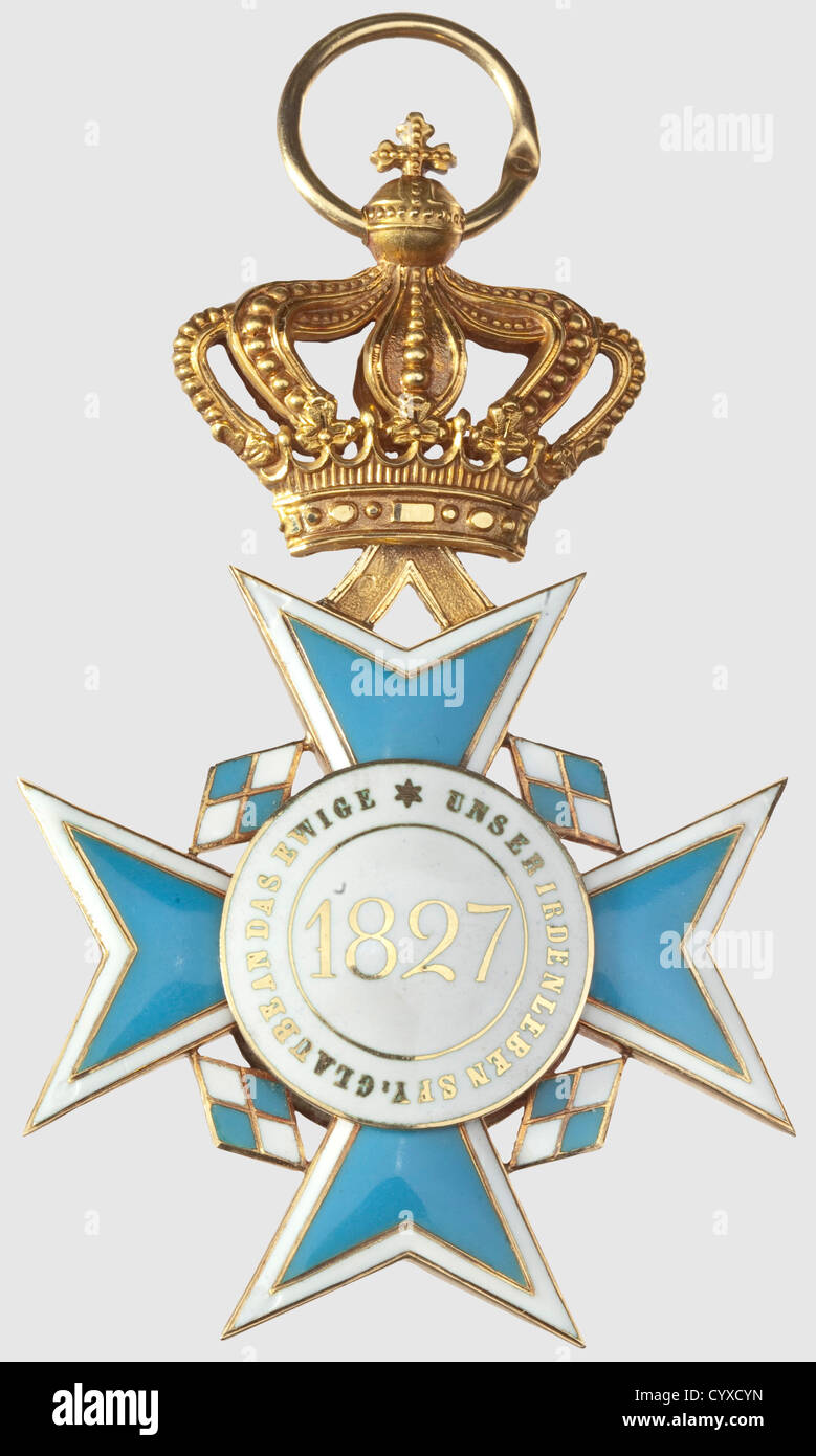 Order of Theresa in gold Kingdom of Bavaria, 1827 - 1923, Order Cross, gold and enamel (minimal chips). Semi-hollow, golden crown, suspension ring and hinge agraffe, two french manufacturer's mark. (OEK 445). Beautiful order in rare execution, historic, historical, 19th century, medal, decoration, medals, decorations, badge of honour, badge of honor, badges of honour, badges of honor, object, objects, stills, clipping, clippings, cut out, cut-out, cut-outs, Additional-Rights-Clearences-Not Available Stock Photo