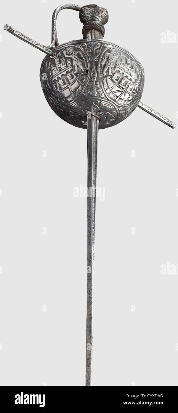 A Spanish colonial cup-hilt rapier,circa 1700 Slender thrusting blade with short fullers,the obverse fuller inscribed 'IN SOLINGEN'. Cut hilt,the cup elaborately ornamented with depictions of warriors. Unusual grip with fine wire binding and large Turk's heads. Cut pommel with small hemispherical rivet at top. Length 121 cm,historic,historical,18th century,weapons,arms,weapon,arm,baronial,military,militaria,rapier,rapiers,sword,swords,melee weapon,melee weapons,thrusting,thrustings,baton,object,objects,stills,clipping,cut out,cut-out,Additional-Rights-Clearences-Not Available Stock Photo