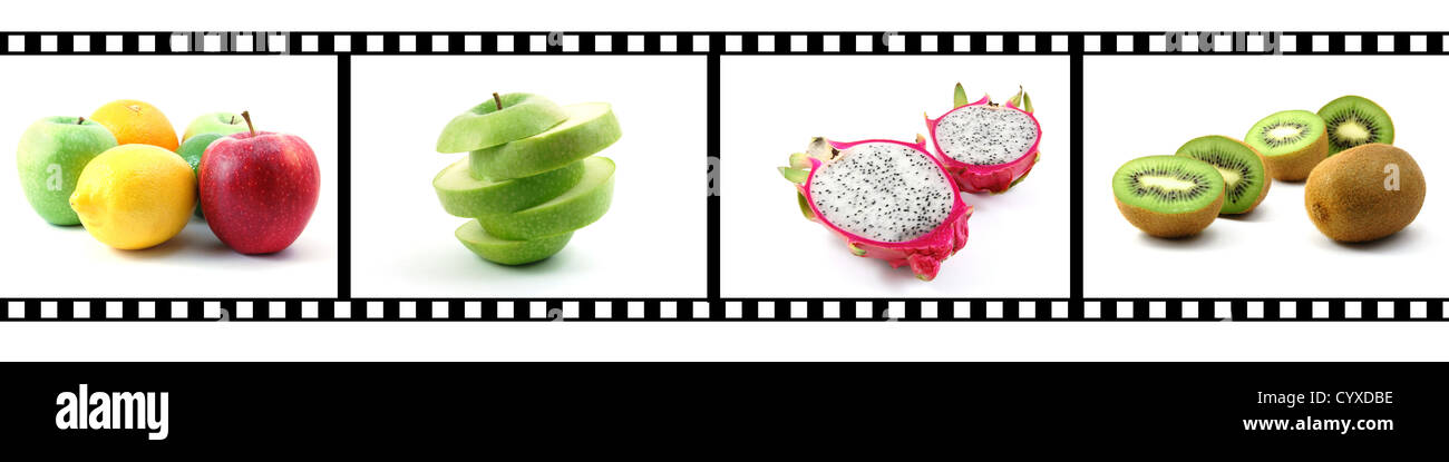 film strip with fruit collection showing healthy lifestyle Stock Photo