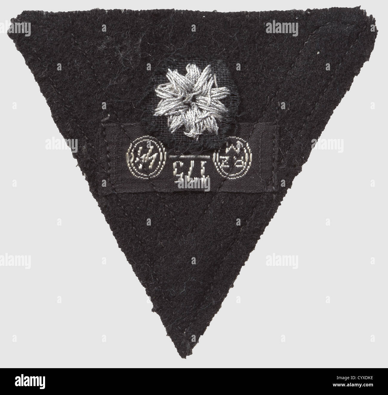 Chevron for 'Old Campaigners', for a member who previously served in Wehrmacht or police. Silver lace and hand-embroidered star on black cloth, on the back RZM-label 'RZM 175/36 SS', historic, historical, 1930s, 1930s, 20th century, SS, Schutzstaffel, NS, National Socialism, Nazism, Third Reich, German Reich, branch of service, branches of service, organisation, organization, organizations, organisations, object, objects, clipping, cut out, cut-out, cut-outs, insignia, symbol, symbols, equipment, uniform, uniforms, detail, details, Additional-Rights-Clearences-Not Available Stock Photo
