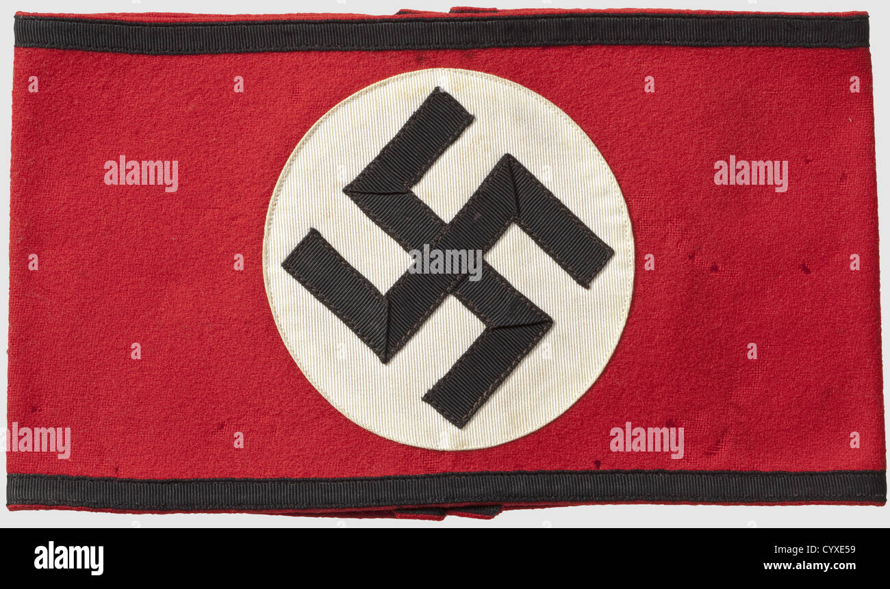 Armband for the black service-uniform, black rimmed, red cloth with slight moth damages, historic, historical, 1930s, 1930s, 20th century, SS, Schutzstaffel, NS, National Socialism, Nazism, Third Reich, German Reich, branch of service, branches of service, organisation, organization, organizations, organisations, object, objects, clipping, cut out, cut-out, cut-outs, insignia, symbol, symbols, equipment, uniform, uniforms, detail, details, Additional-Rights-Clearences-Not Available Stock Photo