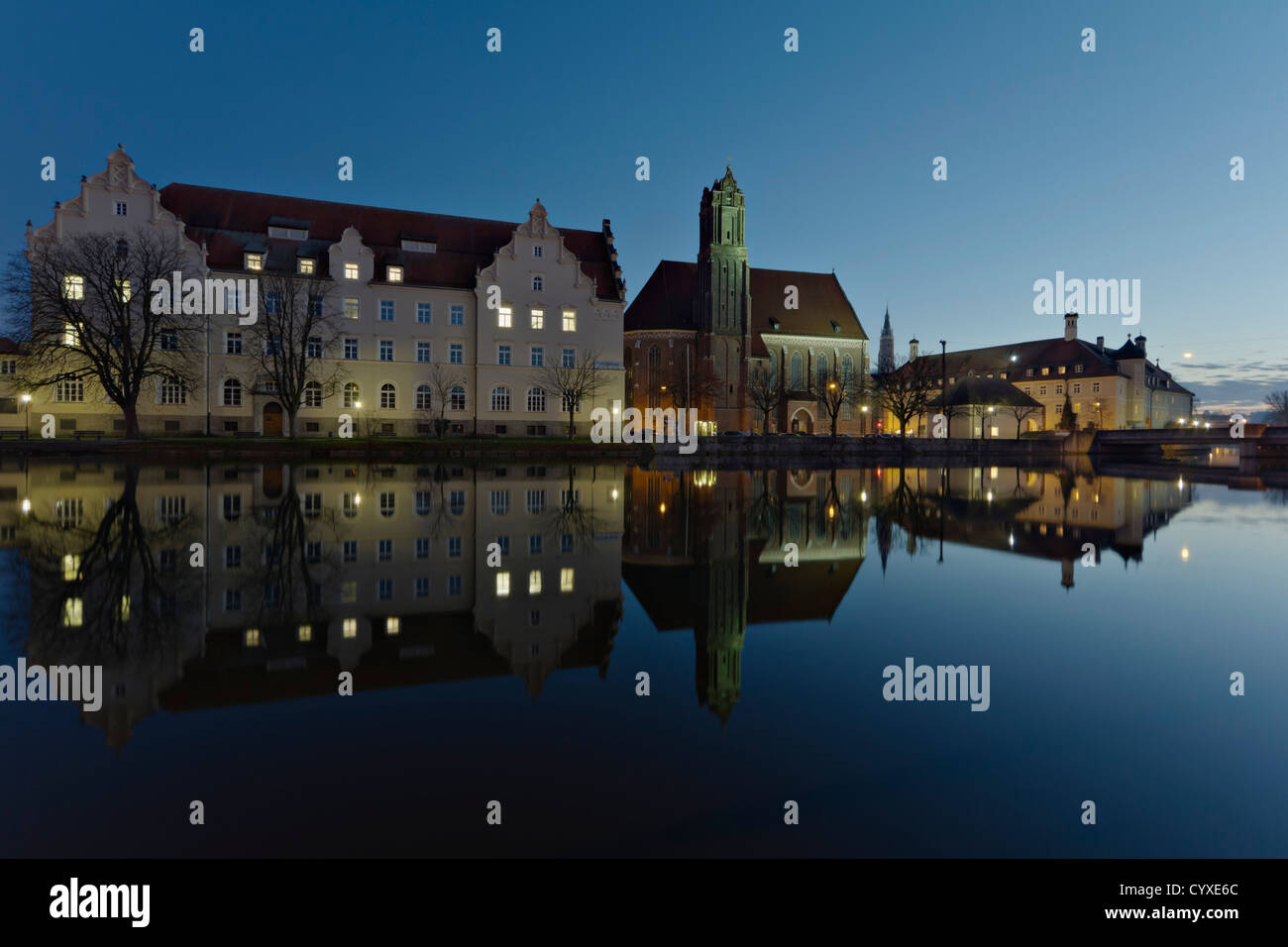 Germany, Landshut, View of River Isar and Church of Holy Spirit at ...