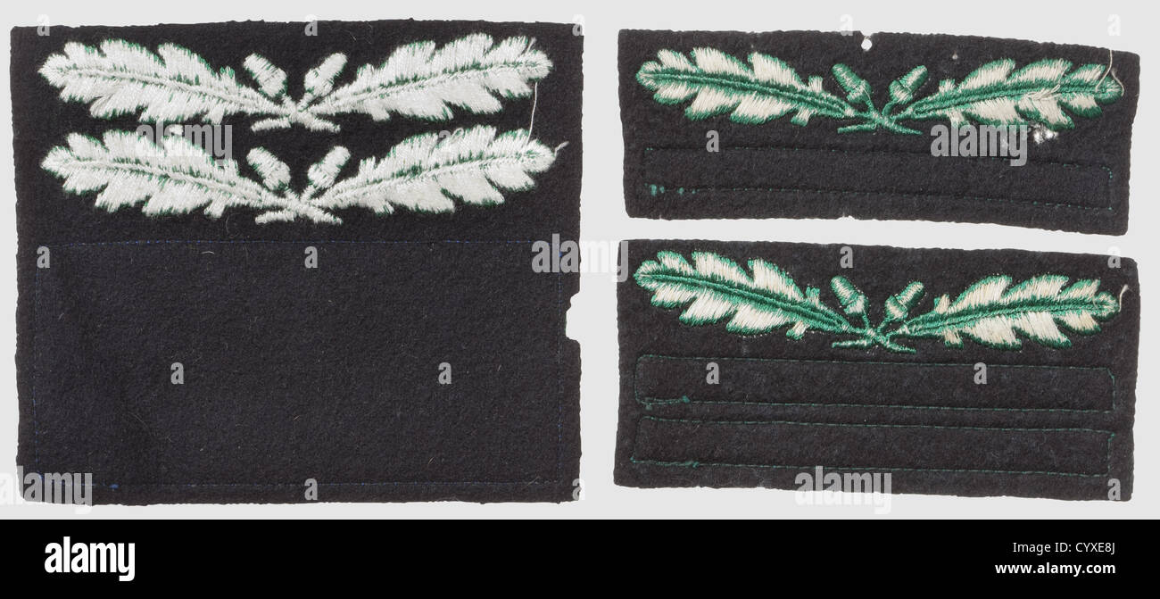 Three rank-badges for the camouflage-uniform,RZM-machine-embroidered issues,green on black cloth for 'SS-Oberführer','SS-Obersturmführer' and 'SS-Untersturmführer',historic,historical,1930s,1930s,20th century,secret service,security service,secret services,security services,police,armed service,armed services,NS,National Socialism,Nazism,Third Reich,German Reich,Germany,utensil,piece of equipment,utensils,object,objects,stills,clipping,clippings,cut out,cut-out,cut-outs,fascism,fascistic,National Socialist,Nazi,Nazi period,,Additional-Rights-Clearences-Not Available Stock Photo