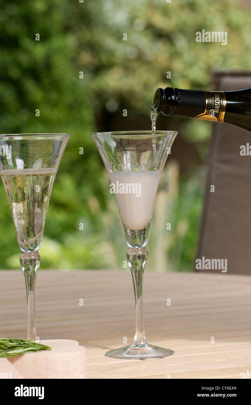 Pouring sparkling wine outdoors. Stock Photo