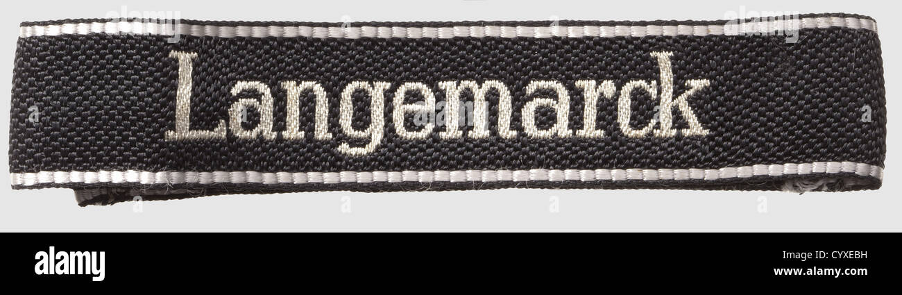 Sleeveband of the 27. ss-division 'Langemarck' for officers, woven 'flatwire'-type, silver thread inscription (Latin), unissued. Stock Photo