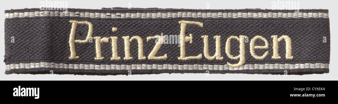 Sleeveband of the 7th SS-division "Prinz Eugen" for enlisted men,RZM-type,machine-embroidered,silver-grey thread inscription,unissued. Length 35 cm,historic,historical,1930s,20th century,secret service,security service,secret services,security services,police,armed service,armed services,NS,National Socialism,Nazism,Third Reich,German Reich,Germany,utensil,piece of equipment,utensils,object,objects,stills,clipping,clippings,cut out,cut-out,cut-outs,fascism,fascistic,National Socialist,Nazi,Nazi period,uniform,uniforms,det,Additional-Rights-Clearences-Not Available Stock Photo