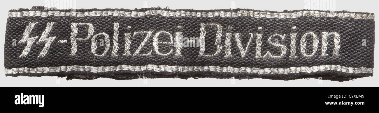 Sleeveband of the 4th SS-division 'SS-Polizei-Division' for officers,of cotton,'flatwire'-type with silver thread inscription,unissued,sligthly damaged. Length 45 cm,historic,historical,1930s,20th century,secret service,security service,secret services,security services,police,armed service,armed services,NS,National Socialism,Nazism,Third Reich,German Reich,Germany,utensil,piece of equipment,utensils,object,objects,stills,clipping,clippings,cut out,cut-out,cut-outs,fascism,fascistic,National Socialist,Nazi,Nazi period,unif,Additional-Rights-Clearences-Not Available Stock Photo