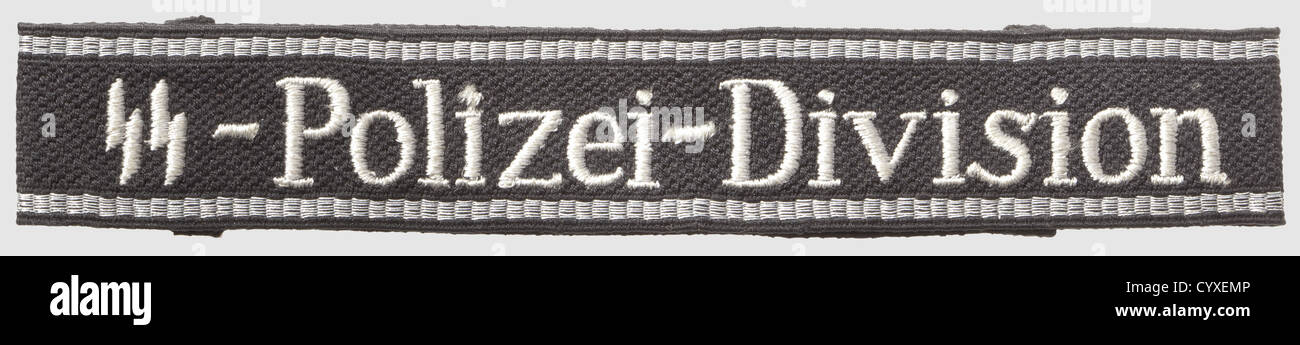 Sleeveband of the 4th SS-division 'SS-Polizei-Division' for enlisted men,of cotton,RZM-type,machine-embroidered,silver-grey thread inscription. RZM label,unissued. Length 49 cm,historic,historical,1930s,1930s,20th century,secret service,security service,secret services,security services,police,armed service,armed services,NS,National Socialism,Nazism,Third Reich,German Reich,Germany,utensil,piece of equipment,utensils,object,objects,stills,clipping,clippings,cut out,cut-out,cut-outs,fascism,fascistic,National Socialist,Nazi,Additional-Rights-Clearences-Not Available Stock Photo