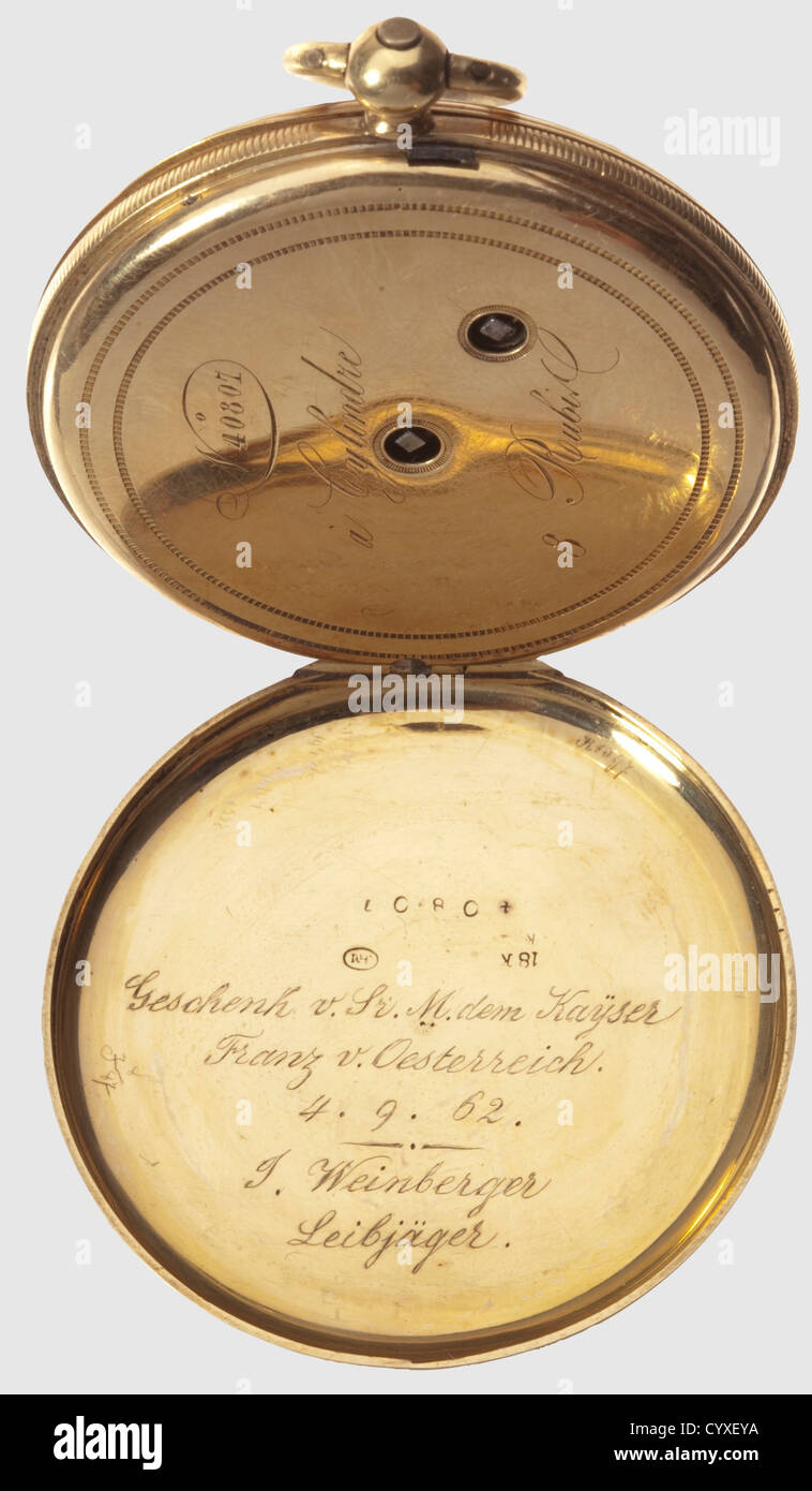 Kaiser Franz Joseph of Austria(1830 - 1916),a golden pocket watch,presented to Bavarian Life Guard Hunter Weinberger of Munich,1862 Spindle pocket watch produced in 18-carat gold.The inside cover with engraving 'Geschenk v.Sr.M.dem Kayser Franz von Österreich 4.9.62 J.Weinberger Leibjäger'('Gift of His Majesty Kaiser Franz of Austria 4 September 1862 [to] J.Weinberger Life Guard Hunter'),the inner lid with diverse punch marks,among which is '18 K'.The dust cover labeled 'a Cylindre' and '8 Rubins'.The enameled clock face with Roman numerals.The ,Additional-Rights-Clearences-Not Available Stock Photo