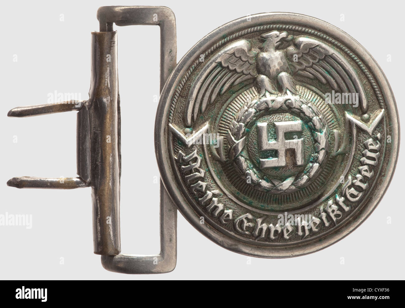 A waist belt buckle,for leaders of the Allgemeine-SS and SS-Verfügungstruppe Early nickel silver buckle with reverse stampings 'RZM','SS' and '35/36'. Indisputably original,made by Overhoff in 1935. Belt buckles made of nickel silver are substantially harder to locate than the later buckles made of zinc,historic,historical,1930s,20th century,Waffen-SS,armed division of the SS,armed service,armed services,NS,National Socialism,Nazism,Third Reich,German Reich,Germany,military,militaria,utensil,piece of equipment,utensils,object,objects,st,Additional-Rights-Clearences-Not Available Stock Photo
