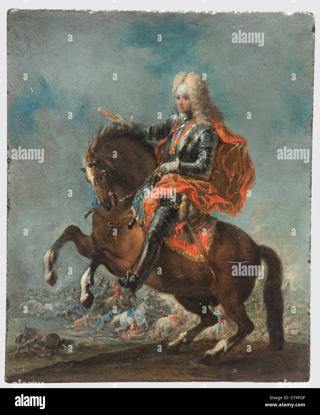 Prince Eugen of Savoy-Carignan (1663 - 1736), a portrait on horseback, 18th century Oil on slate. A portrait of the young prince on horseback in blued armour, holding a Marshallïs baton in his right hand, with a cavalry battle in the background. Unsigned. Princely inventory label on the back. Dimensions 23.5 x 19.5 cm. From the possessions of a southern German noble. Cf. the portrait of Prince von Gottfried Auerbach on horseback, at the Military Historical Museum in Vienna. Prince Eugen was one of Austriaïs most famous generals and from 1697 was Commander in Ch, Stock Photo