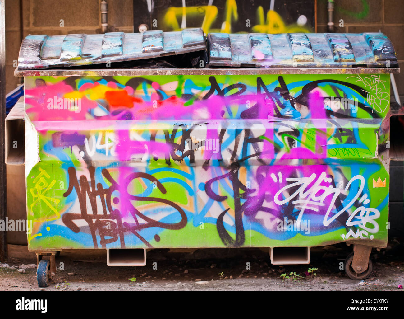 A rubbish bin or dumpster in an alley full of trash and covered in graffiti Stock Photo