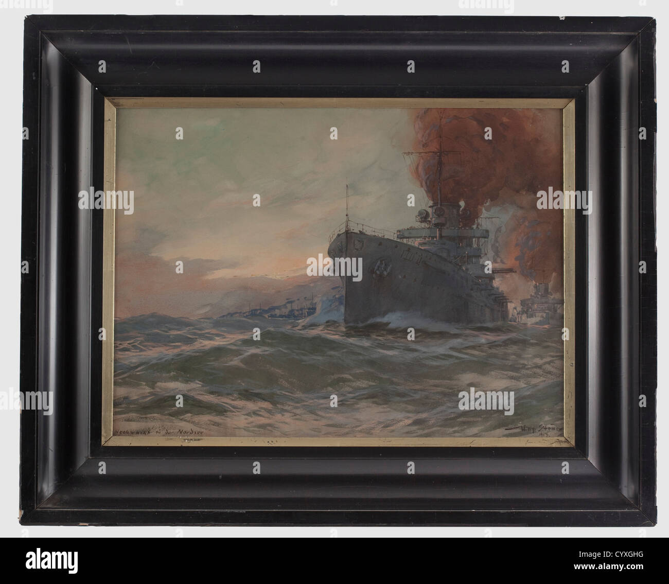 Willy Stöwer,High Watch on the North Sea White heightened watercolour drawing on board,signed on the lower right 'Willy Stöwer 1913'.A ship of the line squadron pushes through twilight swells in the North Sea.In an old,black wooden frame(slightly knocked)behind glass.Picture dimensions 62 x 47 cm,framed 80.5 x 64.5 cm.A high-quality drawing whose atmospheric effect is achieved through the sparse usage of materials.An important work which appeared among others as the frontispiece in the volume 'Auf hoher See'(Berlin 1913).Willy Stöwer(1864 - 1931),Additional-Rights-Clearences-Not Available Stock Photo