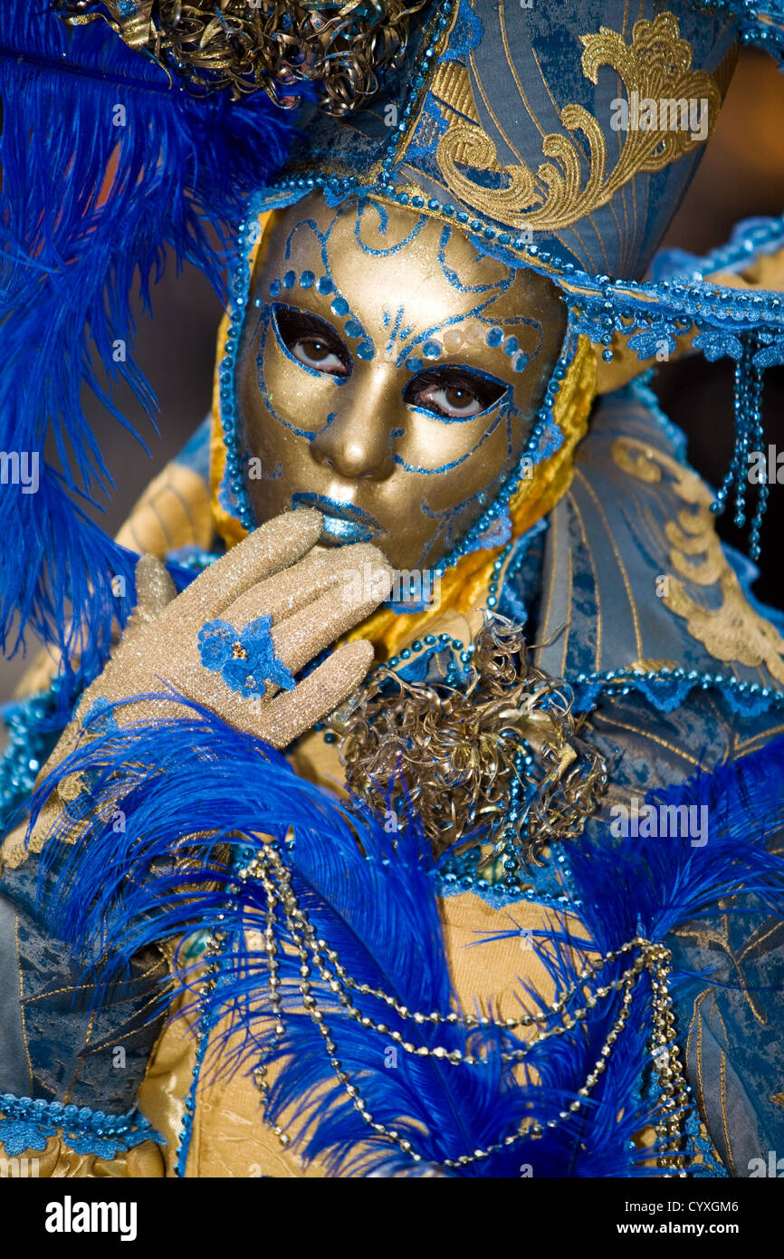 Blue and gold costume at the Venice Carnival Stock Photo - Alamy