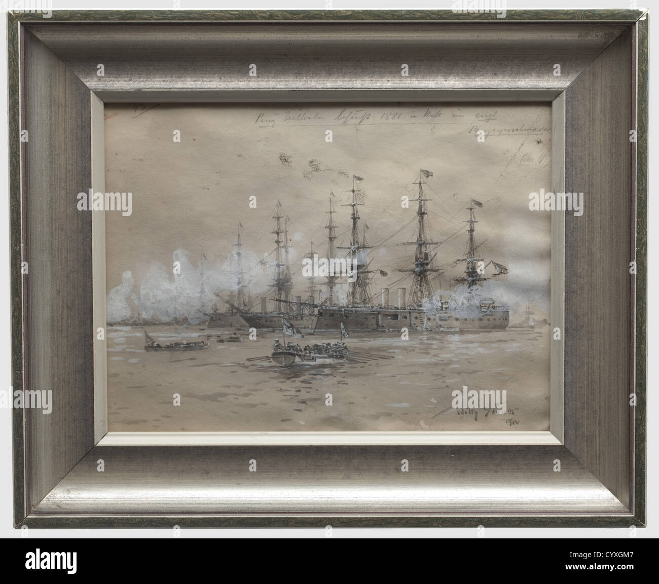 Willy Stöwer,Fleet Inspection Filigree ink drawing on paper,heightened in white,signed 'Willy Stöwer 1902' on the lower right,and labelled,'Prinz Wilhelm besucht 1881 in Kiel ein engl. Panzergeschwader.'(tr. Prince Wilhelm Inspects an English Iron-Clad Squadron in Kiel 1881)In a moulded frame under glass. Sheet is wrinkled,somewhat stained. Picture dimensions 25 x 19 cm. Framed dimensions 32.5 x 26.5 cm. Willy Stöwer(1864-1931)was one of the most important naval painters and illustrators of the Imperial period,historic,historical,1900s,20th century,Additional-Rights-Clearences-Not Available Stock Photo