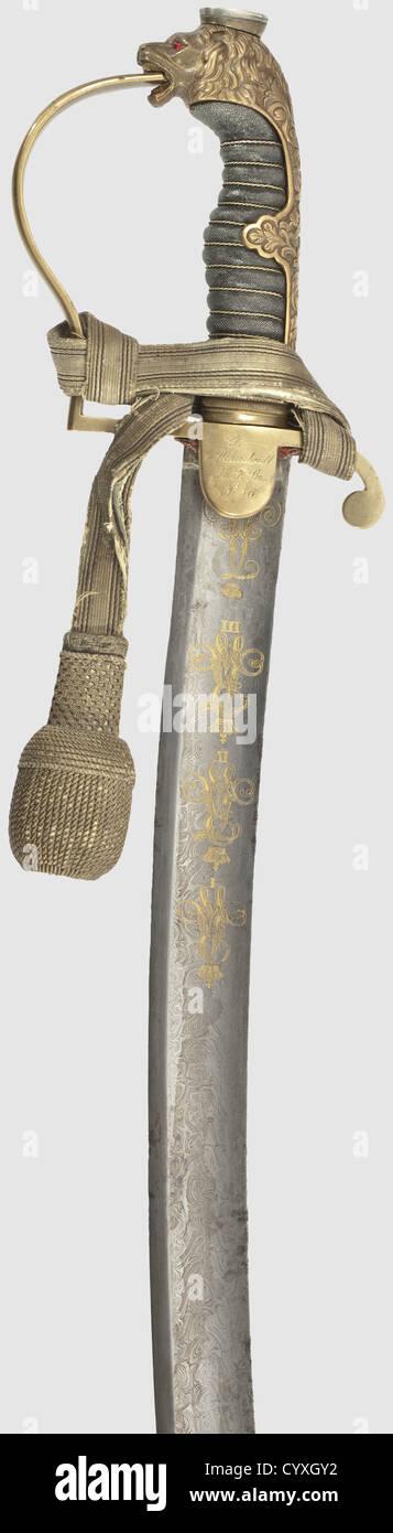 An important sabre with an hereditary blade,of the soldiersï family von Rohrscheidt A 3.5 cm wide Russian Damascus blade around 1800 with a wide fuller on either side,with the following monarchïs monograms etched in gold on the obverse side: 'AI','FWRIII','FWRIV',and 'WRI',for the historic,historical,19th century,Prussian,Prussia,German,Germany,militaria,military,object,objects,stills,clipping,clippings,cut out,cut-out,cut-outs,thrusting,thrustings,hand weapon,hand weapons,melee weapon,melee weapons,handheld,blade,blades,weapon,,Additional-Rights-Clearences-Not Available Stock Photo