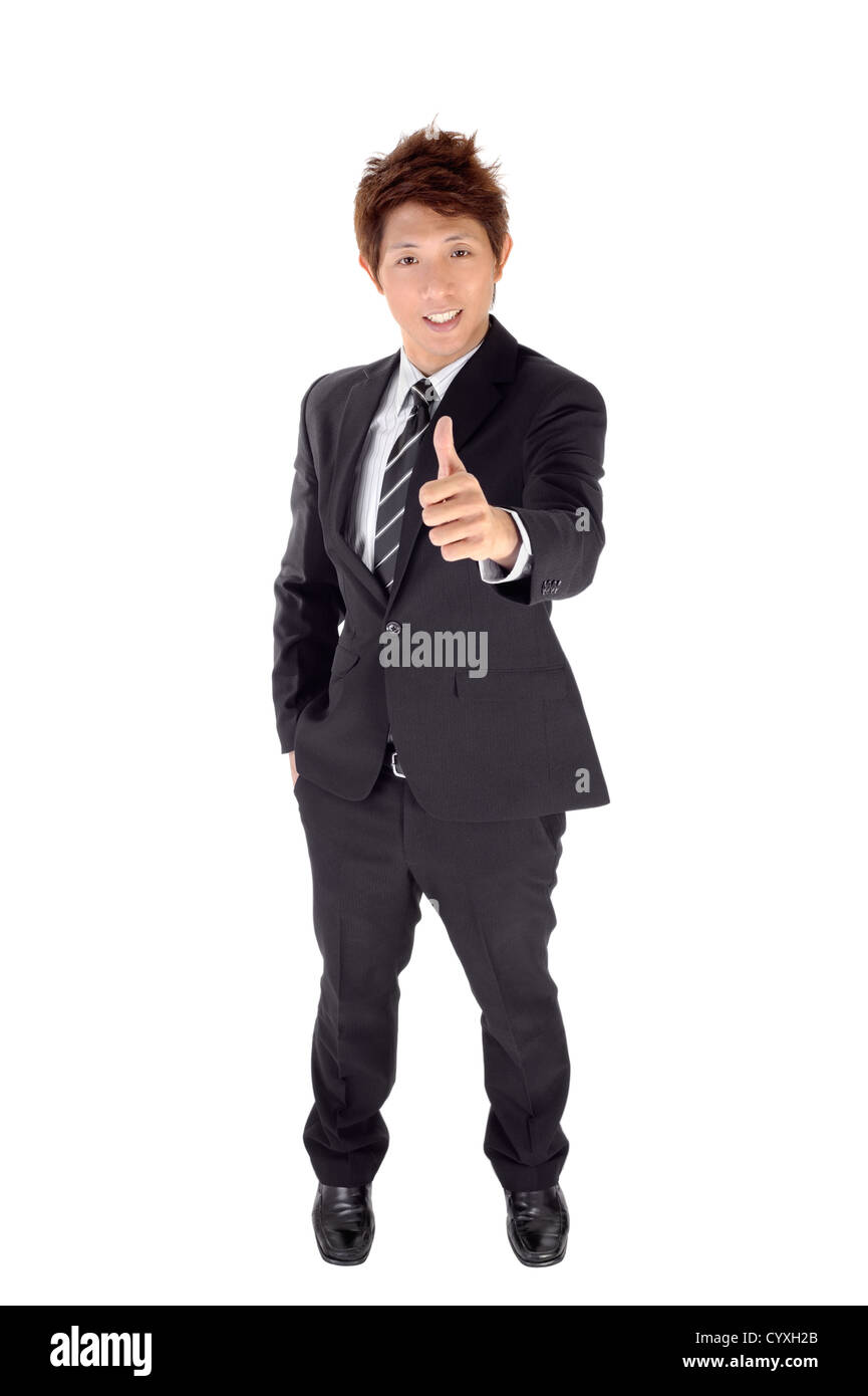 Young executive give you excellent gesture, full length portrait ...