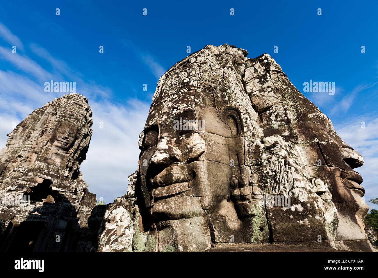 Closeup of famous head statues of ancient Prasat Bayon temple at Angkor