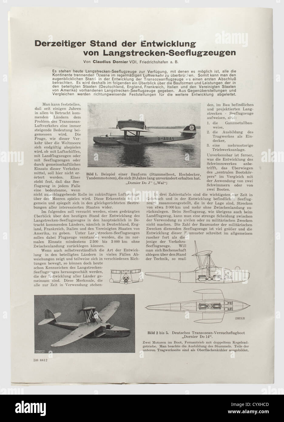 A Dornier Do 14,a rare model of transocean experimental flying boat Nickel-plated brass static 1/20th scale model of this aircraft.The 90 cm long fuselage with nose mooring hatch with hinged cover,pennant socket,celluloid glazed cabin windows,sliding cover to crew entrance hatch,the two pilot's compartment or cabin with turn seats,control columns and rudder pedals,the engineers hinged hatch lifting to reveal a step ladder to engine-room and cabin with sleeping-bunk,the two back-to-back dummy 690 HP BMW VI engines with transfer gearbox for v,Additional-Rights-Clearences-Not Available Stock Photo