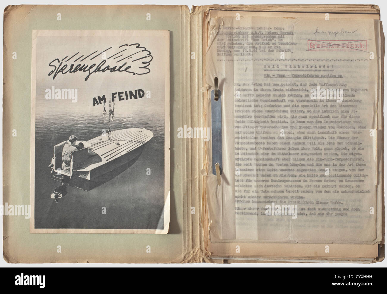 A report of the missions of small naval combat forces,command,war reporter H. Berndt Eighty pages of comprehensive material,concerning missions by German naval UDT swimmers,'Seehunde'(miniature two-man submarines),and 'one-man torpedoes'. Written by war reporter Helmut Berndt during the 1943-45 period while he was a part of the Naval War Reporter Company(Lorient Platoon). Handwritten and typed,and stamped 'Geheime Kommandosache'(secret-command document)in places. There are also nine large format photographs,some inscribed,showing naval special operat,Additional-Rights-Clearences-Not Available Stock Photo